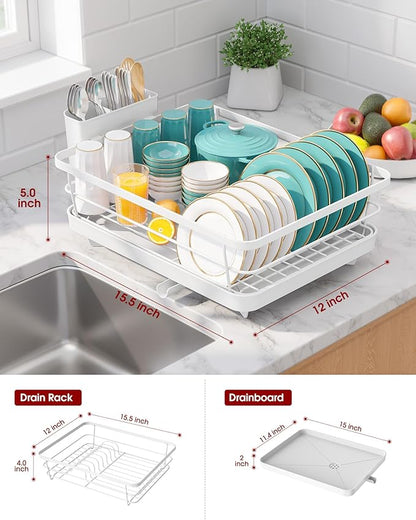 Sakugi Stainless Steel Dish Drying Rack for Kitchen Counter, Sink Organization and Storage Essentials with Silverware & Utensil Holder, Home and Apartment Decor, 12''W x 15.5''L, White