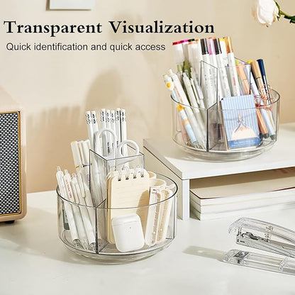 JIKIOU Acrylic Pen Holder, 360-Degree Rotating Pen Holder for Desk, Clear Desk Organizers and Accessories with 5 Compartments Pencil Organizer, Art Supply Storage Box Caddy for Office, Home