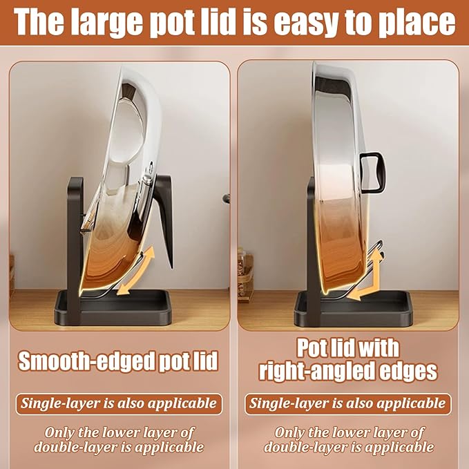 Pot Lid Organizer and Holder, Kitchen Countertop Storage Rack with Removable Drip Tray & Spoon Rest, 2-Tier Space-Saving Stand for Pots and Pans Lids