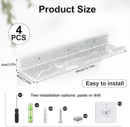 Rainbow Glitter Acrylic Floating Shelves, 15.7" Wall Mounted Nursery Bookshelf, Display Ledge for Book Toy Cosmetic Storage, Bathroom Bedroom Living Room Wall Organizer, 4 Pack, Silver Purple