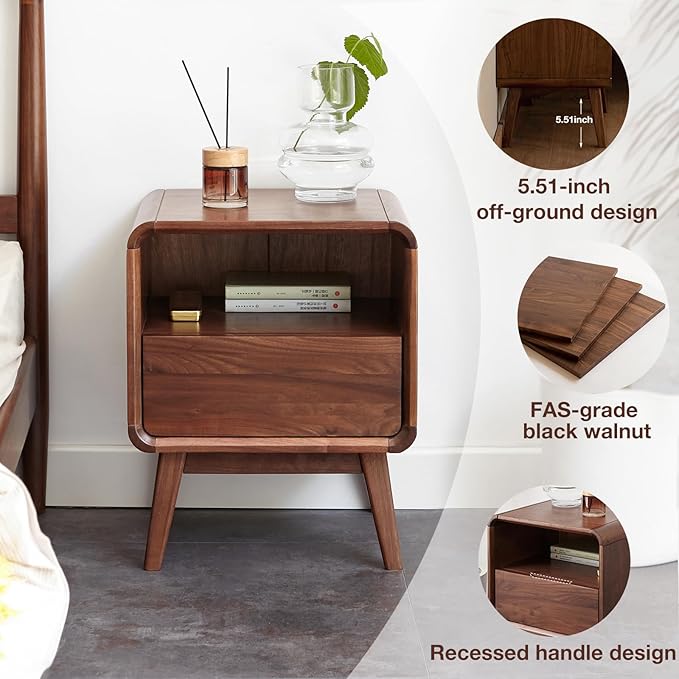 Vadisun Walnut Night Stand Set of 2, Solid Wood Nightstand with Drawer, Walnut Bedside Table, Mid Century Modern Nightstand, Small Bed Side Table for Small Spaces Bedroom(Dark Black Walnut, 20.47" H)