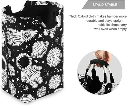 Laundry Hamper Basket Planet Astronaut Black Storage Basket Collapsible Laundry Bag with Handle Decorative Organizer Bins Basket for Laundry Room Bedroom Clothes College