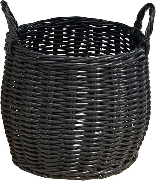 Isidore Round Resin Woven Basket with Handles | Multi-Purpose Organizer for Halloween & Thanksgiving Storage, Laundry, and More (13" x 13" x 10.2" - Black)