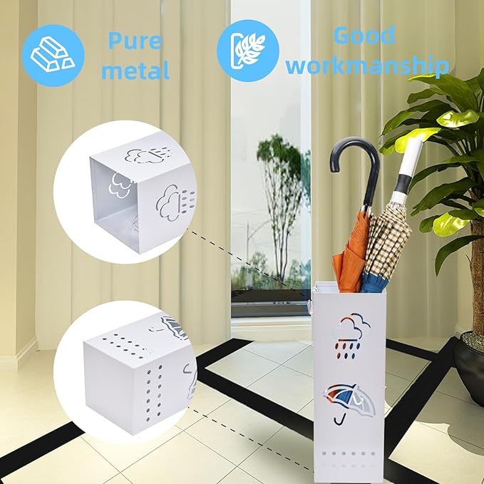 Metal Umbrella Stand for Entryway, 6 x 6 x 17 Inch White Square Umbrella Organizer Bin, Free Standing Umbrella Holder,Walking Sticks, Home Office Decor
