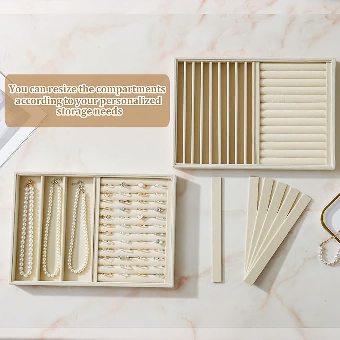 KATISYIO Large Velvet Jewelry Tray 2 Pack Stackable Jewelry Display Drawer Inserts Trays Organizer for Earring Bracelet Necklace Ring (Beige, Ring and 9 Grids)