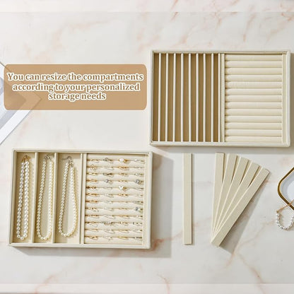 KATISYIO Large Velvet Jewelry Tray 2 Pack Stackable Jewelry Display Drawer Inserts Trays Organizer for Earring Bracelet Necklace Ring (Beige, Ring and 9 Grids)