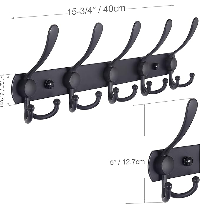 WEBI Coat Rack Wall Mount,Coat Hooks Wall Mount,5 Tri Hooks for Hanging Coats,Wall Coat Hanger,Wall Coat Rack for Clothes,Black
