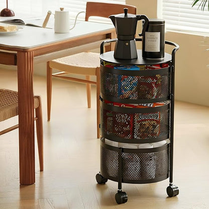 JAQ Rotating Storage Shelves Rack for Kitchen, 3-Tier Multi Layer Removable Basket Shelf Organizer on Rolling Wheels for Fruit Vegetable Grocery Corns Potato Onion (3-Tier, Black)