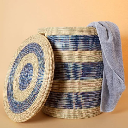 Storage & Organization - Laundry Basket, Bedroom Hamper, Nursery Toys Bin, Living Room Blankets Storage, Decorative, Wicker, Sturdy, Round, Handles, Woven, Blue Beige (Large)