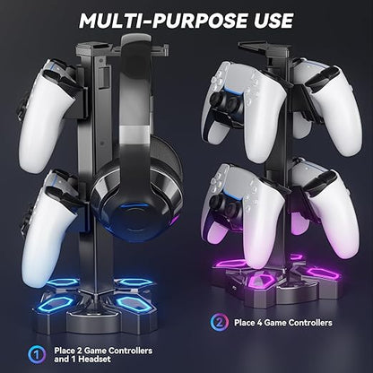 KDD Gaming Headphones Stand, Rotatable Headset Stand with Light Modes - Controller Holder with 2 USB Charging Ports and 3.5mm - Earphone Hanger Accessories for Desktop Gamer(Black)