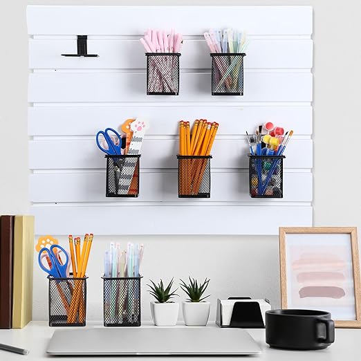 6 Set Slatwall Cup with Hook Black Metal Slatwall Bin Pencil Mesh Wire Holder Slat Wall Accessories for Organizing Various Tools, Garage Home Workshop Office(Square)
