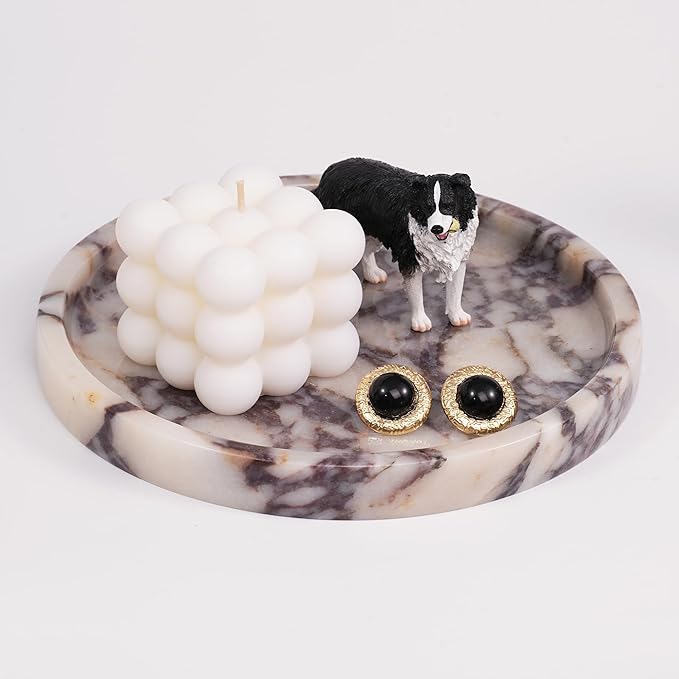 LWALMS Round Marble Perfume Tray - Stone Jewelry Holder Dish, Trinket Ring Key Purse Plate Decorative Bowl for Nightstand Entryway Coffee Table Decor (7.9 inch)