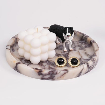 LWALMS Round Marble Perfume Tray - Stone Jewelry Holder Dish, Trinket Ring Key Purse Plate Decorative Bowl for Nightstand Entryway Coffee Table Decor (7.9 inch)