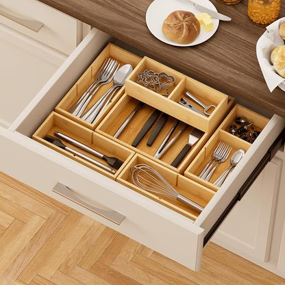 Lifewit Drawer Organizer 15 Pack(33 Grid) with 18 Inserts, Wooden Adjustable Desk Drawer Divider Trays, Storage Bins for Makeup, Kitchen Utensils, Vanity Accessories in Office/Bathroom/Bedroom
