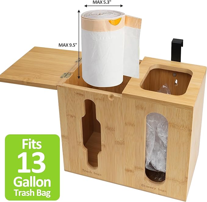 Trash Bag Dispenser & Grocery Bag Organizer, 2 in 1 Bamboo Garbage Bags Storage Box for Cabinet Door, Under Sink, or Wall Mounting
