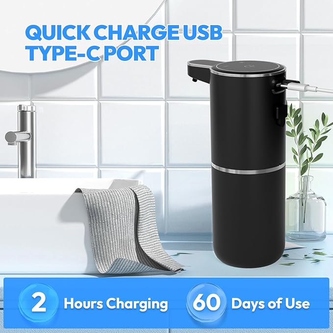 MTYGK Automatic Foaming Soap Dispenser,Touchless Foam Soap Dispenser,12.8oz Rechargeabled Wall Mounted Smart for Bathroom and Kitchen Dish Soap,Easy for Toddlers(Black)