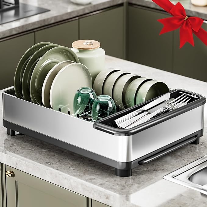 Ewaiira Dish Drying Rack, 304 Stainless Steel Dish Racks for Kitchen Counter, Dish Drainers with Automatic Drainage, Utensil Holder & Cups Holder, Space Saving Kitchen Organizer (1-Tier Silver)
