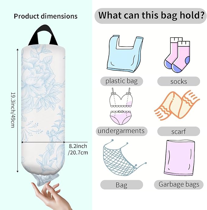 Plastic Bag Holder, Wall Mount Grocery Bag Organizer, Funny Hanging Storage Dispenser for Home Kitchen Cute Blue Floral