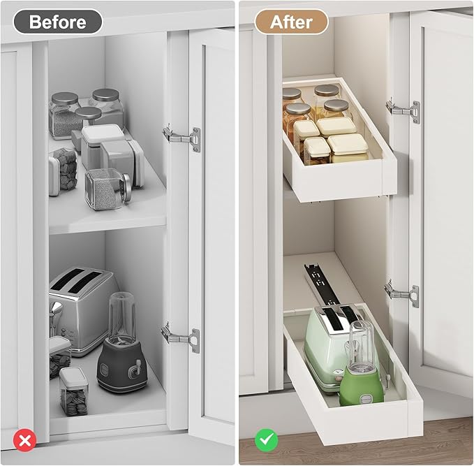 Pull out Cabinet Organizer,Expandable Width(7"-11"),Depth(17"-24") with 5 Rails,Roll out Drawers,No Drill Adjustable Slide out Shelves for Kitchen,Pantry,for Both Lip and Lip-Free Cabinets,White(1PC)