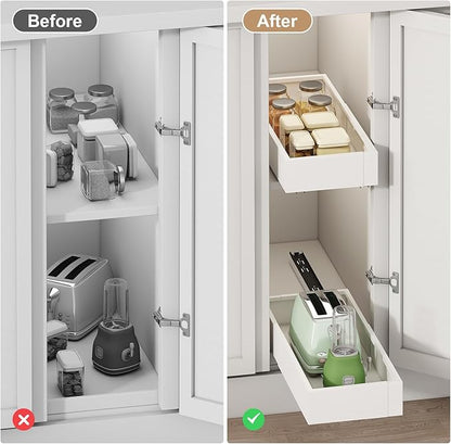 Pull out Cabinet Organizer,Expandable Width(7"-11"),Depth(17"-24") with 5 Rails,Roll out Drawers,No Drill Adjustable Slide out Shelves for Kitchen,Pantry,for Both Lip and Lip-Free Cabinets,White(1PC)