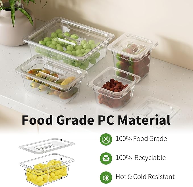 FORITRUE 1/4 4'' 6 Pack Plastic Food Pans With Lids, Clear Food Pan, Commercial Stackable Polycarbonate Freezer-Safe for Fruits Vegetables Restaurant Kitchen