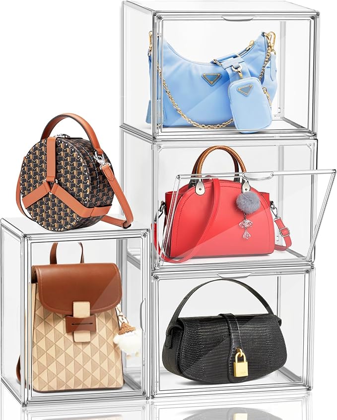 Purse Organizer for Closet 14.1''x 8.6''x10.9 '', 1 Pack Clear Acrylic Display Case for Handbag X-Large Handbag Storage Box with Magnetic Door, Clear Storage Bins for Collectibles, Figurines, Cosmetic