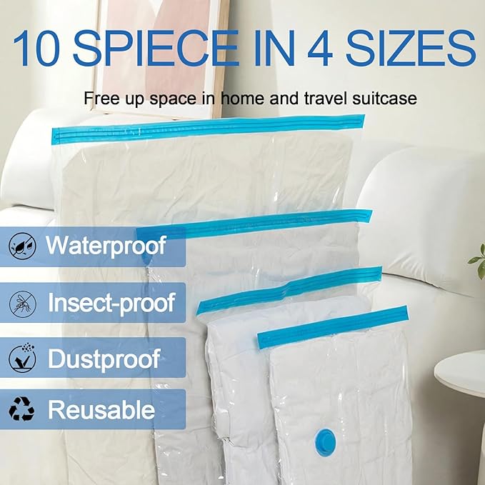10 Pack Vacuum Storage Bags with Hand Pump, 1 Jumbo + 3 Large + 3 Medium + 3 Small Plastic Packaging Bags, 80% Space Saver Sealer Compression Bags for Clothing, Travel Lugggage, Blankets, Comforters