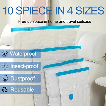 10 Pack Vacuum Storage Bags with Hand Pump, 1 Jumbo + 3 Large + 3 Medium + 3 Small Plastic Packaging Bags, 80% Space Saver Sealer Compression Bags for Clothing, Travel Lugggage, Blankets, Comforters