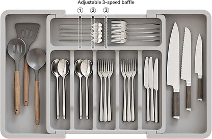 2 Pack Silverware Organizer, Expandable and Adjustable Kitchen Utensil Drawer Organizer, Plastic Cutlery Holder with Multiple Compartments,Cutlery Holder,for Spoons Forks Knives,Grey,UAFD012G