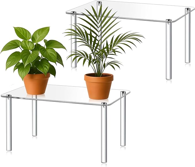 2 Pcs 16 Inch Extra Large Acrylic Risers Display Stands Rectangular 4-leg Acrylic Plant Stand, 6mm Thick Clear Shelf Riser Display Stands for Decor Collectibles Figures and Item Photography