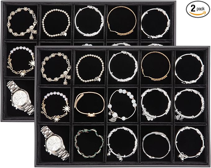 Polmart Stackable 15-Grid Jewelry Organizer/Storage/Display Trays, Black Velvet (2-Pack)
