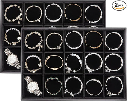 Polmart Stackable 15-Grid Jewelry Organizer/Storage/Display Trays, Black Velvet (2-Pack)
