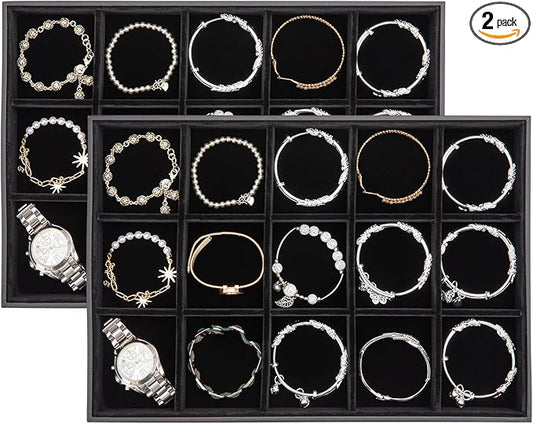 Polmart Stackable 15-Grid Jewelry Organizer/Storage/Display Trays, Black Velvet (2-Pack)