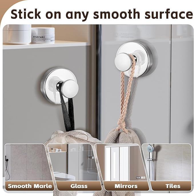 Supopular Reusable Heavy Duty Suction Cup Hooks for Kitchen/Bathroom/Shower - Wet-Proof Hooks for Towels, Robes, Loofah&Wreaths/No Drill Mounting on Glass, Tile, Metal (2, Polished Chrome)