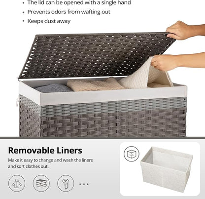 OIAHOMY Storage Basket with Lid, 42.3 Gallon (160L) Blanket Basket with Removable Liner Bag, Synthetic Wicker Hamper with Handle, Foldable, Hamper for Living Room, Grey