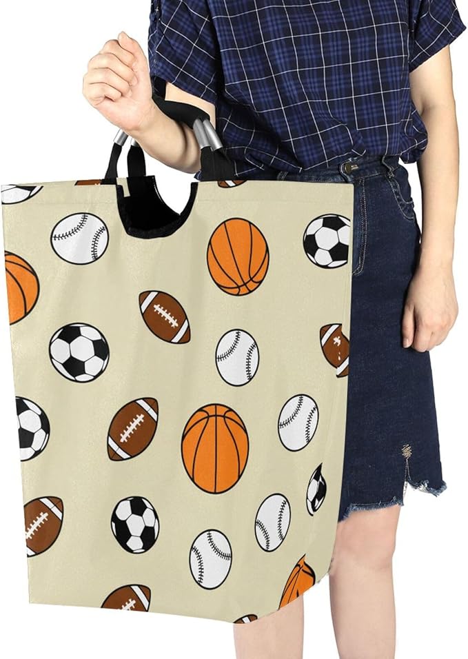 Laundry Hamper Basket Basketball Sports Balls Beige Storage Basket Collapsible Laundry Bag with Handle Decorative Organizer Bins Basket for Laundry Room College Dorms Clothes