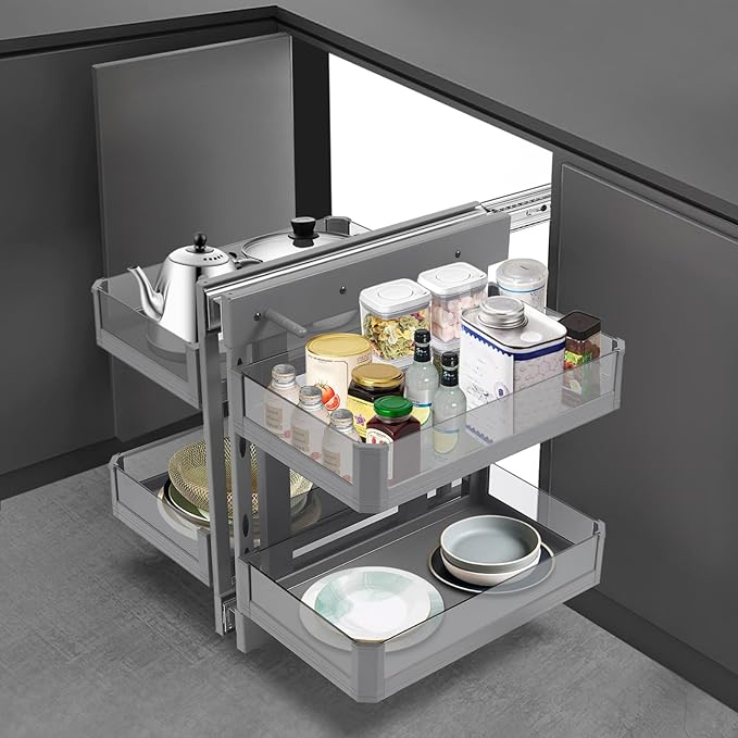QIANMOON Kitchen Corner Cabinet Pull Out, Magic Corner Pull Out Open, 2 Tiers Swing Tray, Blind Corner Soft Close, for Place Pots and Pans, Containers, Spice Jars