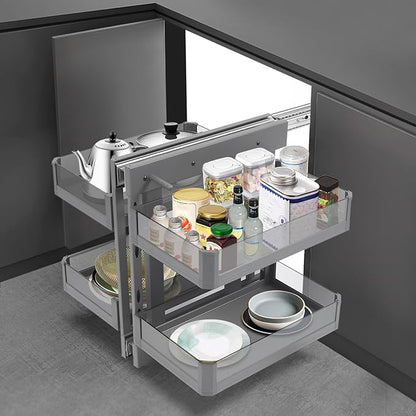 QIANMOON Kitchen Corner Cabinet Pull Out, Magic Corner Pull Out Open, 2 Tiers Swing Tray, Blind Corner Soft Close, for Place Pots and Pans, Containers, Spice Jars