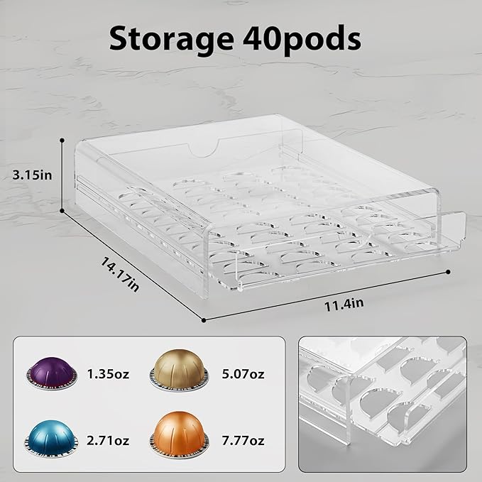 ZhiYo-Life Clear Acrylic Coffee Pod Drawer for Nespresso Vertuo 40 Pod Double Sided Pull Out Organizer