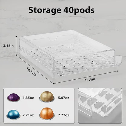 ZhiYo-Life Clear Acrylic Coffee Pod Drawer for Nespresso Vertuo 40 Pod Double Sided Pull Out Organizer