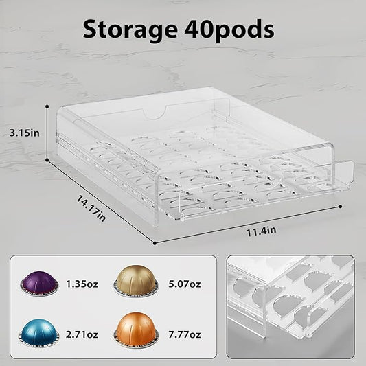 ZhiYo-Life Clear Acrylic Coffee Pod Drawer for Nespresso Vertuo 40 Pod Double Sided Pull Out Organizer