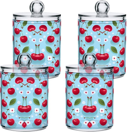 MNSRUU 2 Pack Qtip Holder Organizer Dispenser Cherries and Flowers Pink Bathroom Storage Canister Cotton Ball Holder Bathroom Containers for Cotton Swabs/Pads/Floss