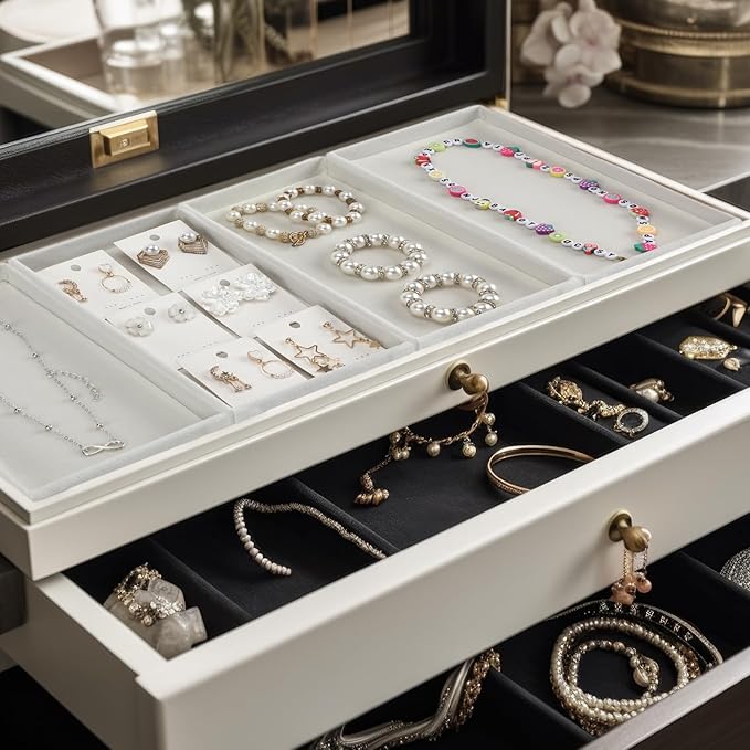 Inbagi 8 Pcs Small Velvet Jewelry Tray Stackable Jewelry Drawers Organizer Trays Jewelry Storage Trays 8.3 x 4.7 x 1 Inches (Beige)