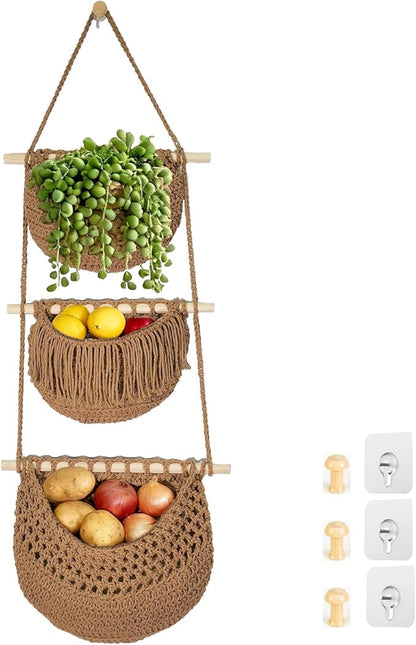 3 Tier Hanging Fruit Baskets for Kitchen, Boho Cotton Rope Handwoven Vegetable Hammock Produce Storage Wall Mounted Large Organizing Basket for Farmhouse Decor, Over The Door, Onion, Potato (Caramel)