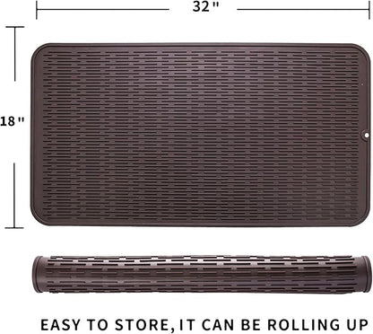 Silicone Dish Drying Mat for Multiple Usage,Easy clean,Eco-friendly,Heat-resistant Silicone Mat for Kitchen Counter or Sink,Refrigerator or Drawer Liner Coffee 4XL 32 inches x 18 inches