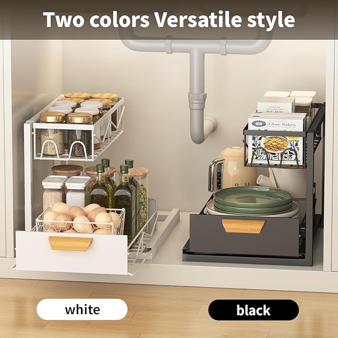 Under Sink Organizer - 2 Tier Pull Out Cabinet Organizer with Sliding Drawers, Adjustable Metal Storage Shelf for Kitchen & Bathroom, Space Saving Storage Solution (White, 1-Pack)