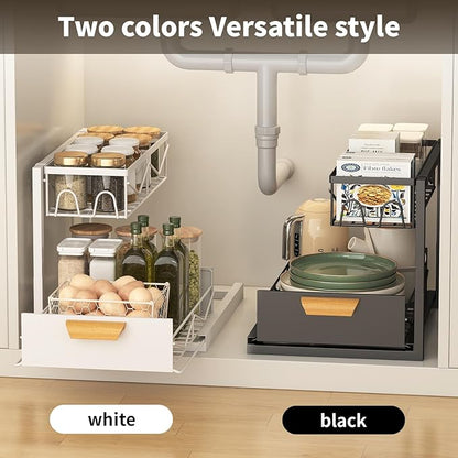 Under Sink Organizer - 2 Tier Pull Out Cabinet Organizer with Sliding Drawers, Adjustable Metal Storage Shelf for Kitchen & Bathroom, Space Saving Storage Solution (White, 1-Pack)