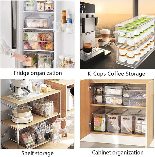MANO Fridge Drawer Pull Out Stackable Bins with Handle Clear Refrigerator Drawers Organizer Food Storage Container Box with Dividers Plastic Produce Saver for Pantry, Cabinet, Kitchen, Clothes（4Pack）
