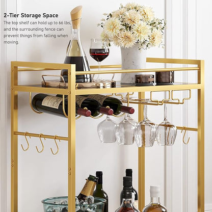 TUTOTAK Bar Cart, Serving Cart for Home, Drink Cart, Mobile Kitchen Shelf with Wine Rack and Glass Holder, Rolling Beverage Cart, Gold BC01BB031