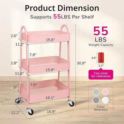 Utility Cart on Wheels, Metal Rolling Storage Cart Three Tier Small Cart with Lockable Wheels, Heavy Duty Kitchen Storage Cart with Handle, for Office, Living Room, Bathroom (Pink)